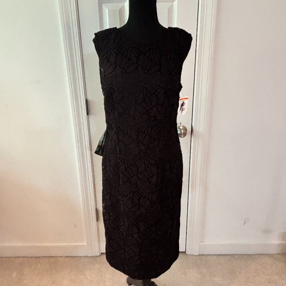 JS Collections Black Lace V Neck Sleeveless Sheath Dress Size 8 Formal Evening